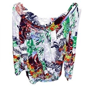 Artsy Floral Hawaiian Print Cotton Jersey Knit Off The Shoulder Top Blouse